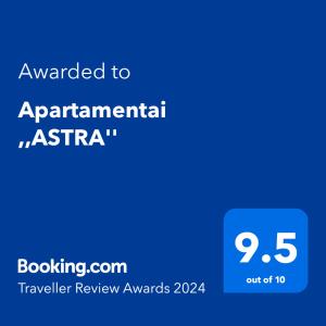 Apartamentai ,,ASTRA''的证书、奖牌、标识或其他文件