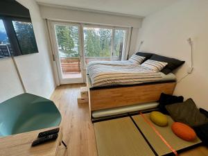 克莱恩 蒙塔纳Studio Serenity, 4 min walk to ski!的一间小卧室,配有床和窗户