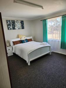 GinginCountry Retreat The Blue Cottage的一间卧室配有一张带绿色窗帘的床和窗户。
