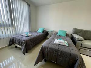 乌斯怀亚Ushuaia apartments的一间带两张床和一张沙发的卧室