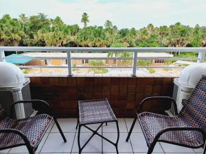 巴雷里尼亚斯Gran lençóis Flat tipo A piscina的阳台配有椅子,享有棕榈树的景致。