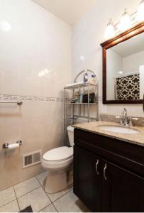 泽西市Quiet apt only 15 mins away from Midtown Manhattan的一间带卫生间、水槽和镜子的浴室