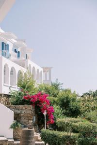 巴特斯欧安洛萨海滩酒店的一群白色的建筑,花朵粉红色,灌木丛