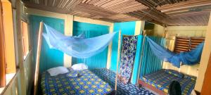 GanviéAuberge chez M的一间设有两张床和蓝色墙壁的客房