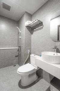 海防GARE D'47 Homestay/ Hotel的浴室配有卫生间、盥洗盆和淋浴。