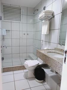 巴雷里尼亚斯Gran lençóis Flat tipo A piscina的浴室配有卫生间、盥洗盆和淋浴。