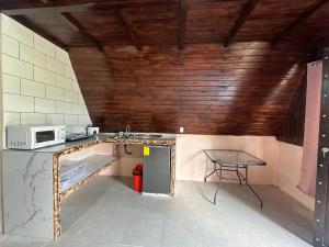 San RafaelBungalow Tenorio Mountain Lodge的一间带桌子和微波炉的小厨房