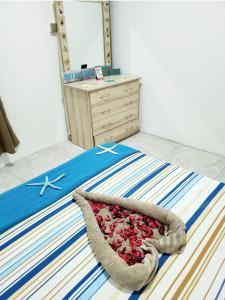 弗利康弗拉克Kot Nu - Beach Themed Apartment - 3 mins walk from the sea的一间卧室配有一张带毯子和梳妆台的床