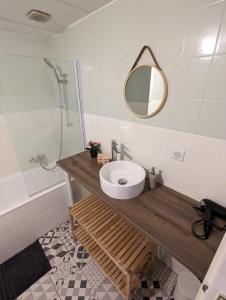 米卢斯Ton Petit Studio - Le 62 - Coeur de Ville的一间带水槽、镜子和淋浴的浴室