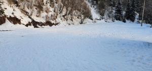 阿列谢尼Cabana din Vale Arieseni Apuseni的山底下有雪覆盖的斜坡