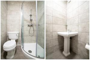 牛津OYO Lonsdale Guest House的浴室的两张照片,配有卫生间和水槽