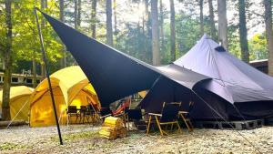 富士河口湖Work Shop Camp Resort Forest and Lake Paradise - Vacation STAY 85274v的森林里的一组帐篷和椅子