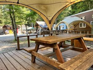 富士河口湖Work Shop Camp Resort Forest and Lake Paradise - Vacation STAY 85271v的木甲板上的野餐桌和帐篷