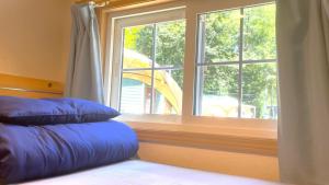 富士河口湖Work Shop Camp Resort Forest and Lake Paradise - Vacation STAY 85272v的窗前带蓝色枕头的床