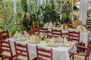克洛彭堡Hotel Diekgerdes Standard的用餐室配有白色的桌椅和植物
