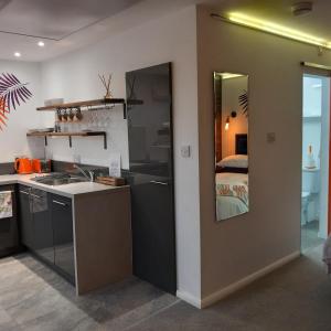 Thistles -Private Entrance Studio的一个带水槽的厨房和一张位于客房内的床