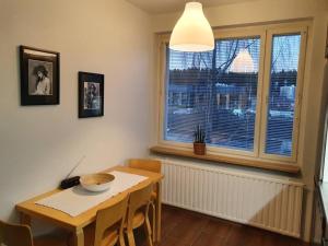 卡亚尼Cozy completely renovated flat (sis. Alv)的一间带桌子和窗户的用餐室