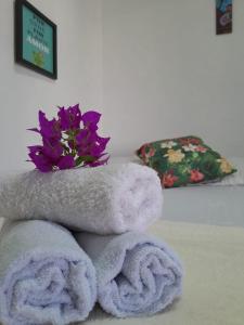 拉巴拉德纳圣米格尔Pousada da Sami的一大堆毛巾和一束紫色花