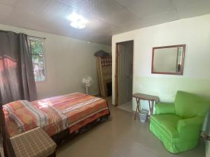 戴维Acogedora vivienda anexa en un barrio tranquilo的一间卧室配有一张床、一把椅子和镜子