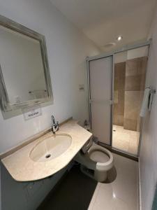 卡塔赫纳Hotel CastilloMar的一间带水槽、卫生间和淋浴的浴室