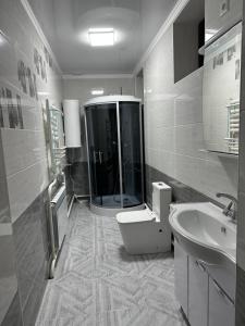 BagyshGuest House Alym-Ata的带淋浴、卫生间和盥洗盆的浴室