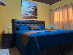 科万Casa Alegria的一间卧室配有一张带蓝色床罩的床