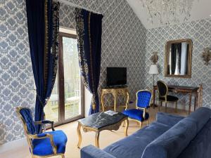 舍内赫特勒斯图弗Chateau Le Prieuré Saumur - La Maison Younan的客厅配有蓝色的沙发和椅子
