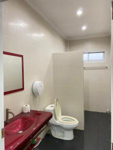 班康卡臣บ้านกลางหุบเขา แก่งกระจาน的一间带红色盥洗盆和卫生间的浴室