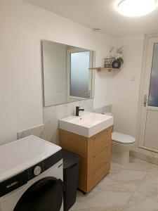 图尔昆Happy house的一间带水槽、卫生间和镜子的浴室