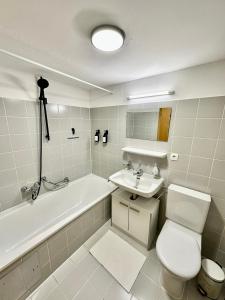 布雷根茨Stilvolles Wohnen am Hafen的浴室配有卫生间、浴缸和水槽。
