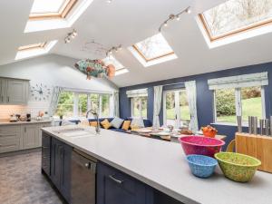 ApplethwaiteMerlestead的厨房设有蓝色的墙壁和天窗。