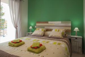 安德诺莱斯贝恩T2 haut de gamme avec vue Bassin的一间卧室设有一张带绿色墙壁的大床