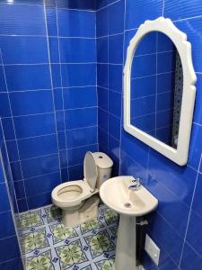 波帕扬Lienzo Hostel and Mural Art Museum的蓝色瓷砖浴室设有卫生间和水槽