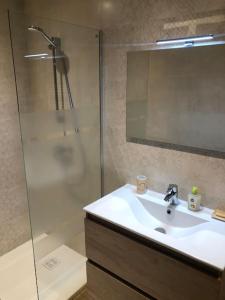 TernandLa Cîme de Ternand的浴室配有盥洗盆和带镜子的淋浴