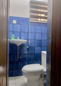 阿布贾RUDISH COTTAGE (COZY & PRIVATE)的蓝色瓷砖浴室设有卫生间和水槽