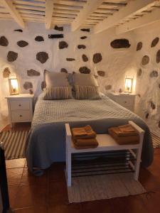 克鲁兹·德·特赫达Casa Rural LOS PINARES El Juncal de TEJEDA的卧室配有一张墙上岩石床。