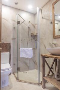 巴库Passage Art Hotel的带淋浴、卫生间和盥洗盆的浴室