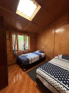 El EncanoCASA LA KOCHA, Cabin, Hostal en la Laguna de la Cocha的带天窗的客房内的两张床