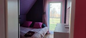 波德古任Ostoja Karkonoska的一间卧室配有带粉红色枕头的床和窗户。