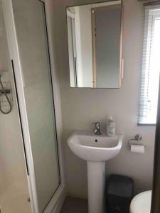 本布里奇Luxurious Lodging in Bembridge的白色的浴室设有水槽和镜子
