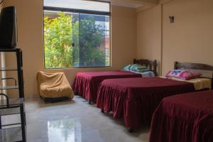 塔里哈Residencial Tablada的带三张床和窗户的客房