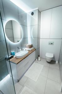 华沙Apartamenty Bokserska的一间带水槽、镜子和卫生间的浴室