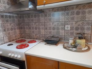 卡兰巴卡Antonioy apartment Kalampaka的厨房配有红色炉盘的炉灶