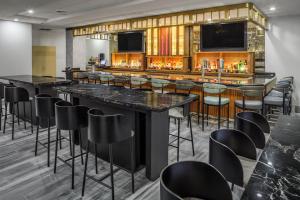 萨拉索塔DoubleTree by Hilton Sarasota Bradenton Airport的一间酒吧,里面设有黑酒吧凳子
