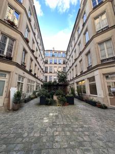 巴黎Marais Rooftop Studio - Metro Filles du Calvaire的种植盆栽植物的大建筑的庭院