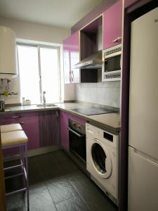 格拉纳达La casita de Lyra的厨房配有洗衣机和紫色橱柜。