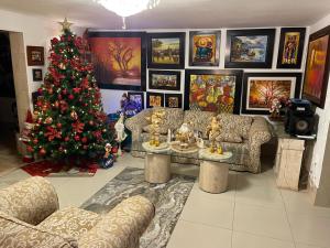 蓬塔内格拉Hostal Ocean Pacifico的客厅配有圣诞树和沙发