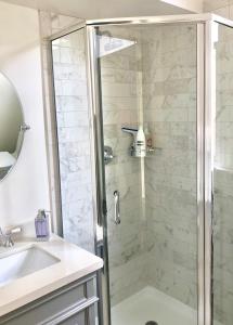旧金山Pacific Heights Grand Elegant Studio的带淋浴和盥洗盆的浴室