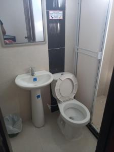 科韦尼亚斯Apartahotel Mar Azul的一间带卫生间和水槽的小浴室