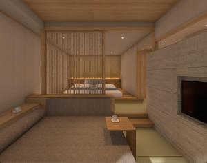京都岚月旅馆的带电视的客房和1间带1张床的卧室